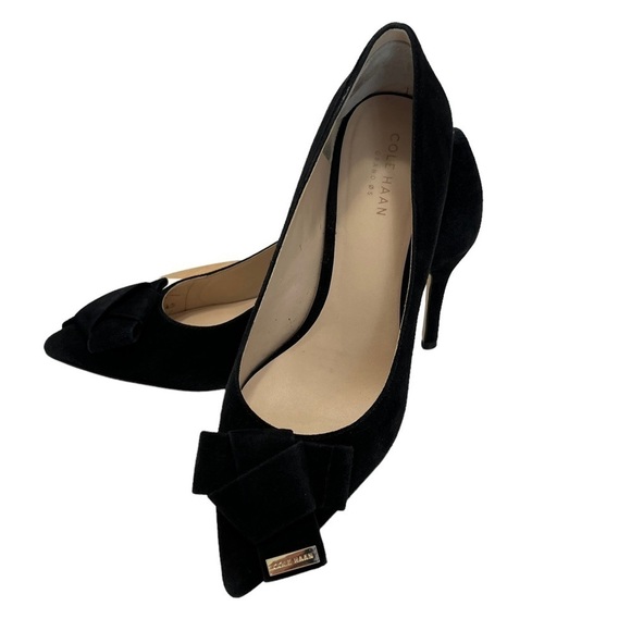 Cole Haan Ophelia Suede Pointed Toe Black 3” Heels with Bow Size 6.5 B - Picture 1 of 13
